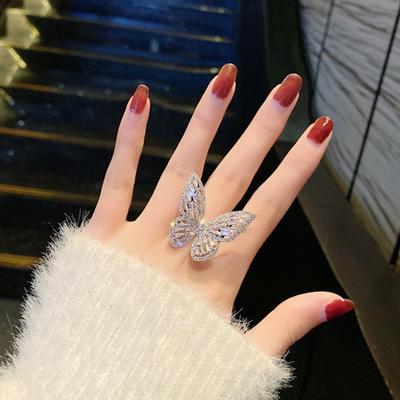 Women Ring Hollow Out Butterfly Shape Rhinestone Alloy Adjustable Opening Ring Banquet Party Wedding Jewelry