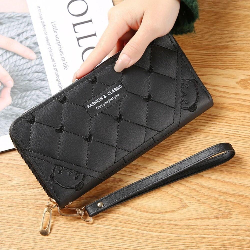 Fashion PU Leather Long Wallet Zipper Large Capacity Coin Purse Embroidery Wristlet Handbag Women