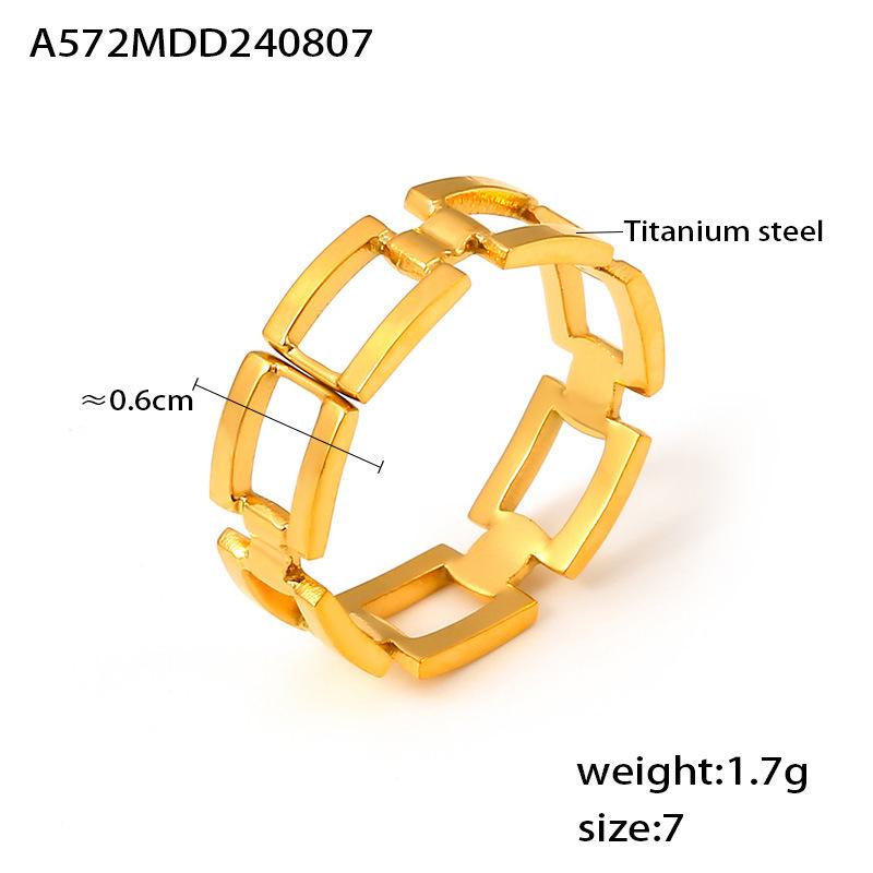 Hepburn Style 18k Gold Plated Titanium Steel Patchwork Ring with Rectangular Hollow Design, Openable. Size 7