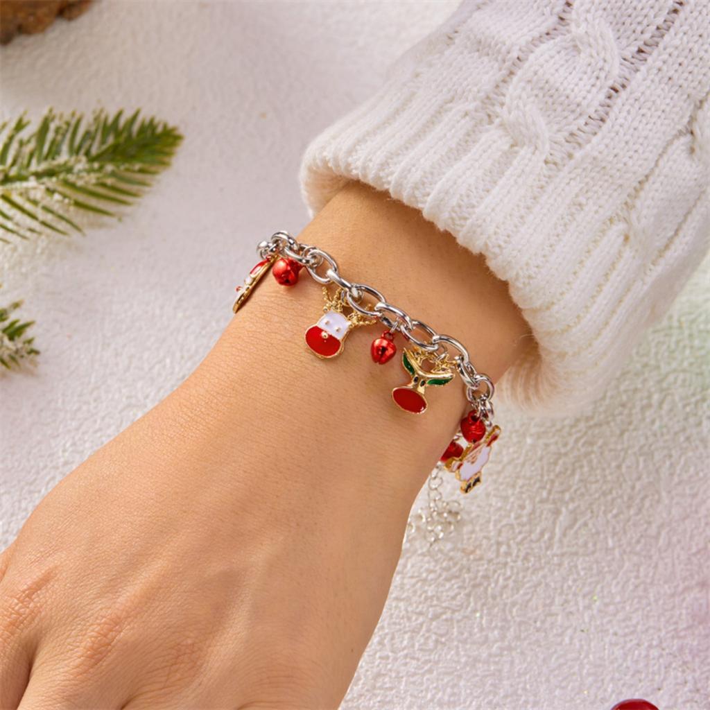 Christmas Red Green Bells Chain Bracelet Deer Bulb Crutch Santa Claus Tree Snowman Wreath Snowflake Bangle Jewelry For Women Men