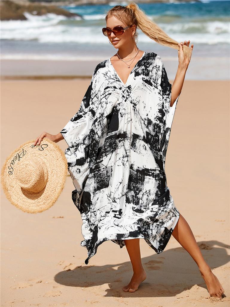 Women's Plus Size Animal Print V-Neck Batwing Kaftan Beach Dress Bathing Suit Cover-Up Loungewear