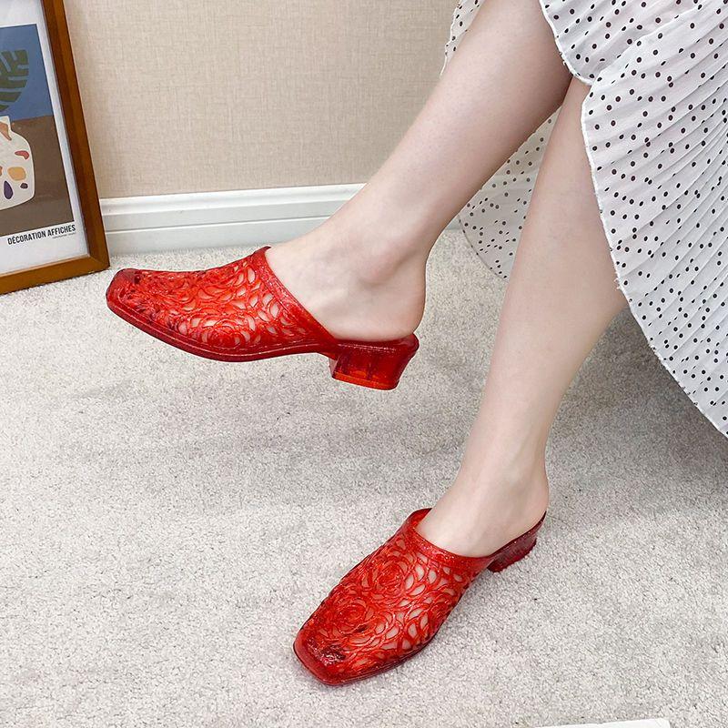 Modieuze Bloem Slippers voor Dames in de Zomer, met Kristallen Dikke Hak en Jelly Transparante Antislip en Hoogte Verhogende Neus