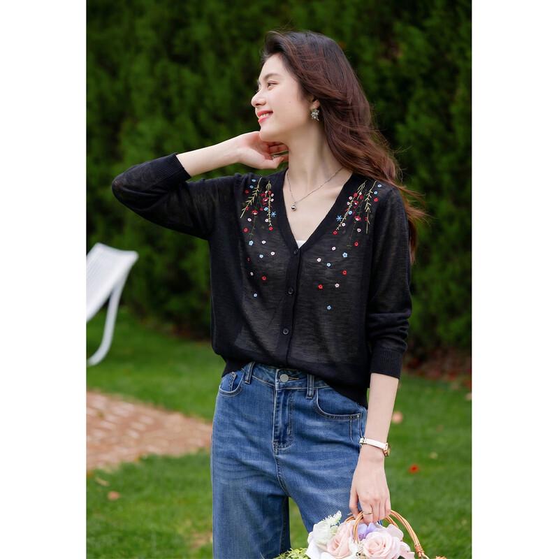 

ITISF4 Women s Summer V-Neck Embroidered Thin Cardigan One Size