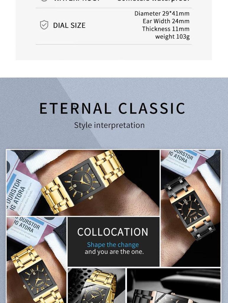 Men's Square Quartz Waterproof Business Watch, Automatic & Non-Mechanical