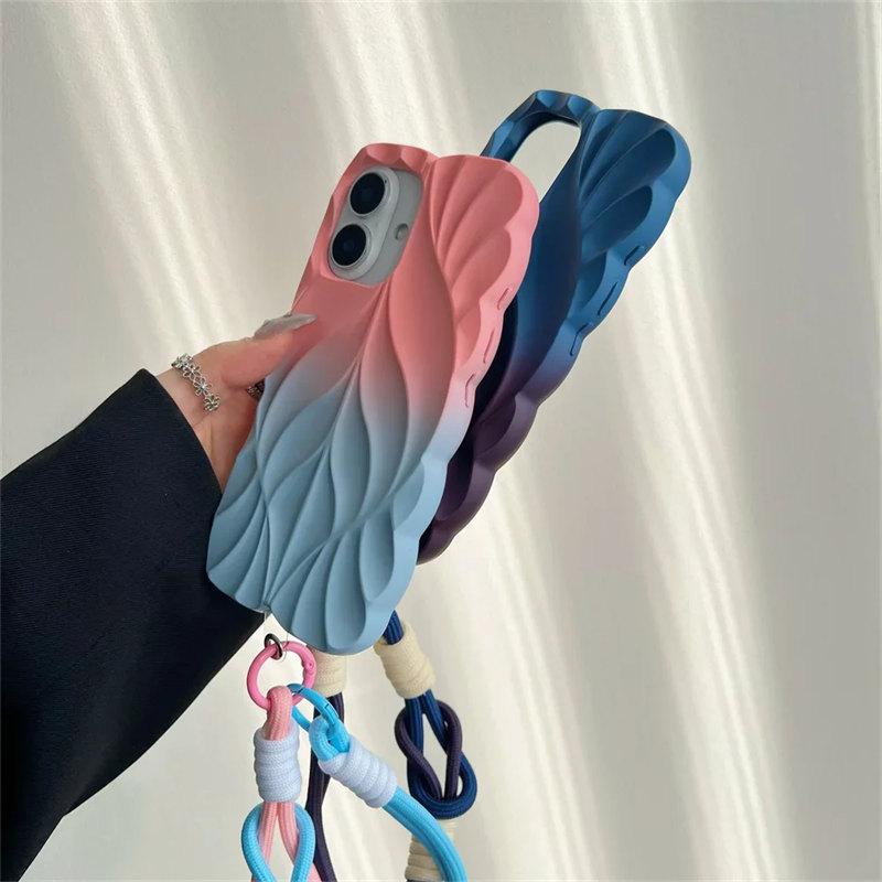 Gradient Pleated Leaf Texture Phone Case with Wrist Strap for iPhone 16 Pro Max 15 14 Plus 13 Shockproof Protectiv Back Cover