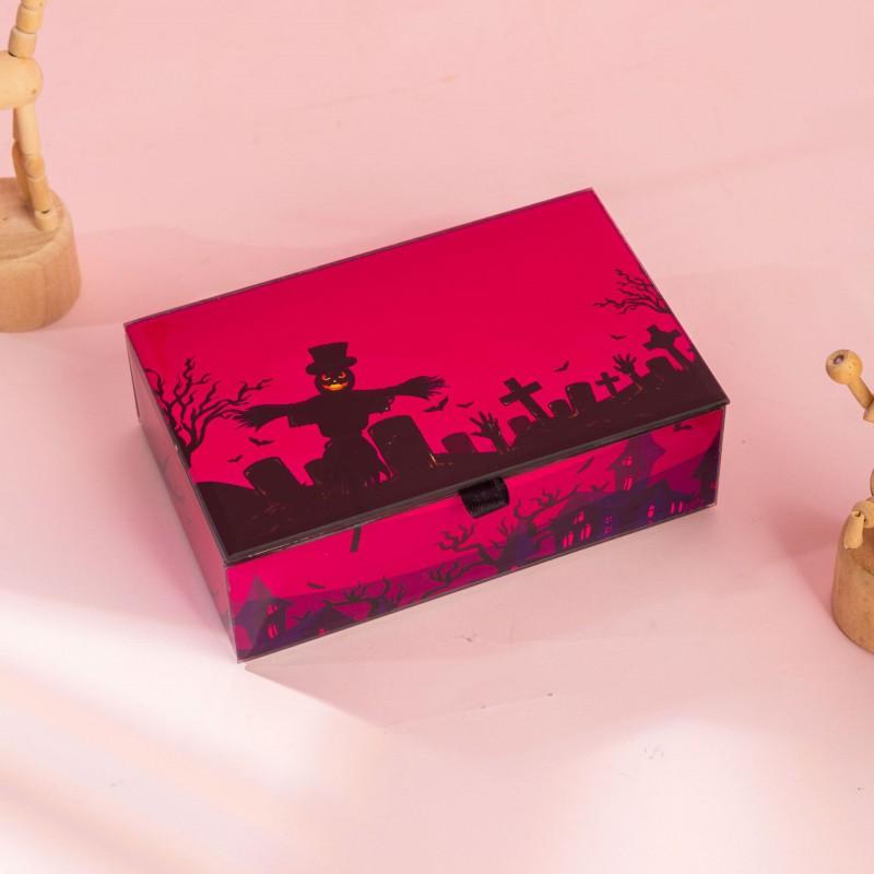 Halloween Jewelry Box With Straw Man Design Glass Crafted Storage Case Earrings Necklaces Velvet Lined Flip Top Gift