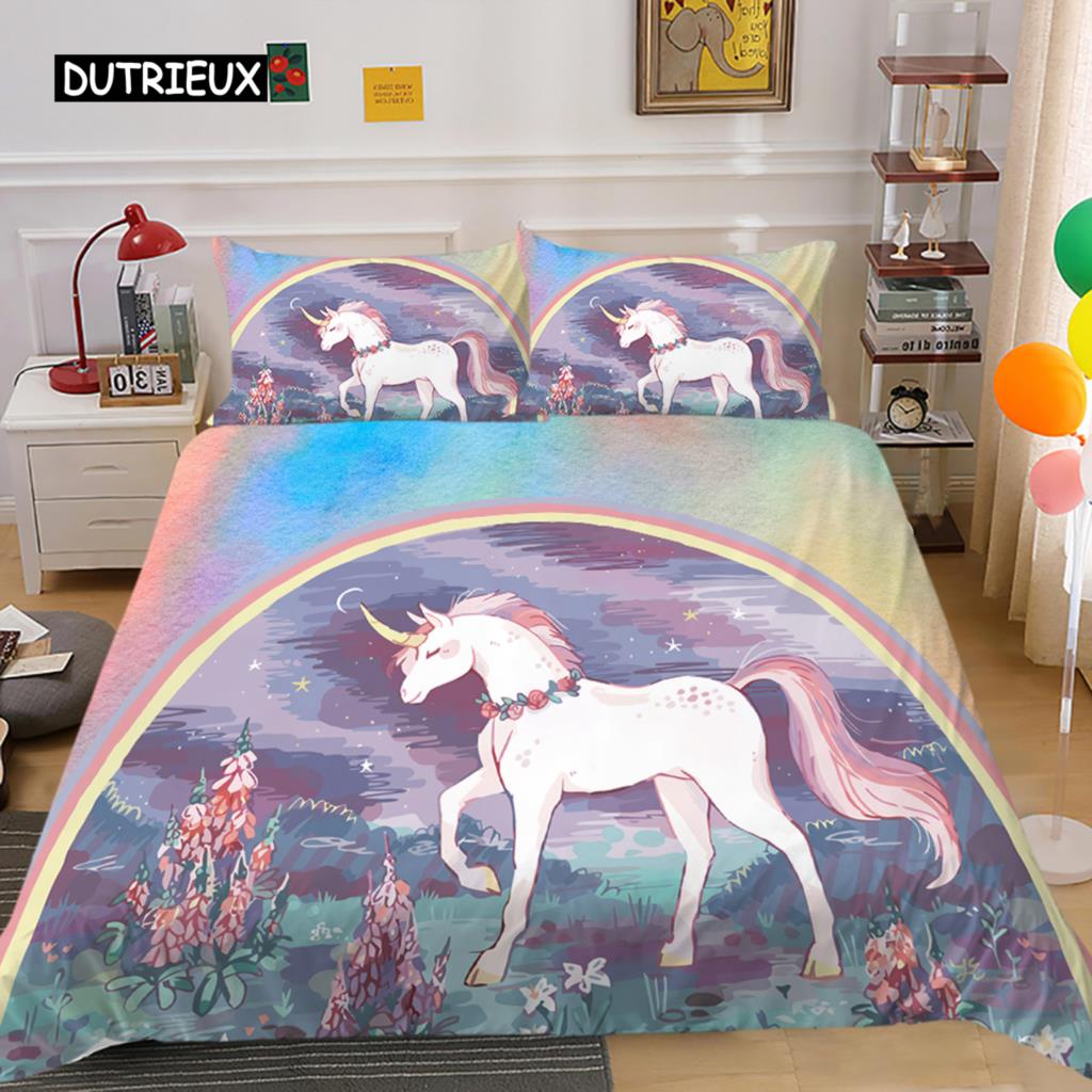 Husă de plapumă Rege Regină Unicorn Desen animat Animal Curcubeu Univers Set de lenjerie de pat pentru copii Adolescenți Cosmic Cer înstelat Poliester Husă de plapumă
