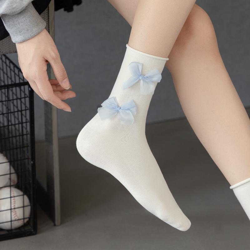 Women's 2024 Anti-Slip Mid-Tube Socks with Cute Bow and Jewelry Design for Small Leather Shoes In JK Style