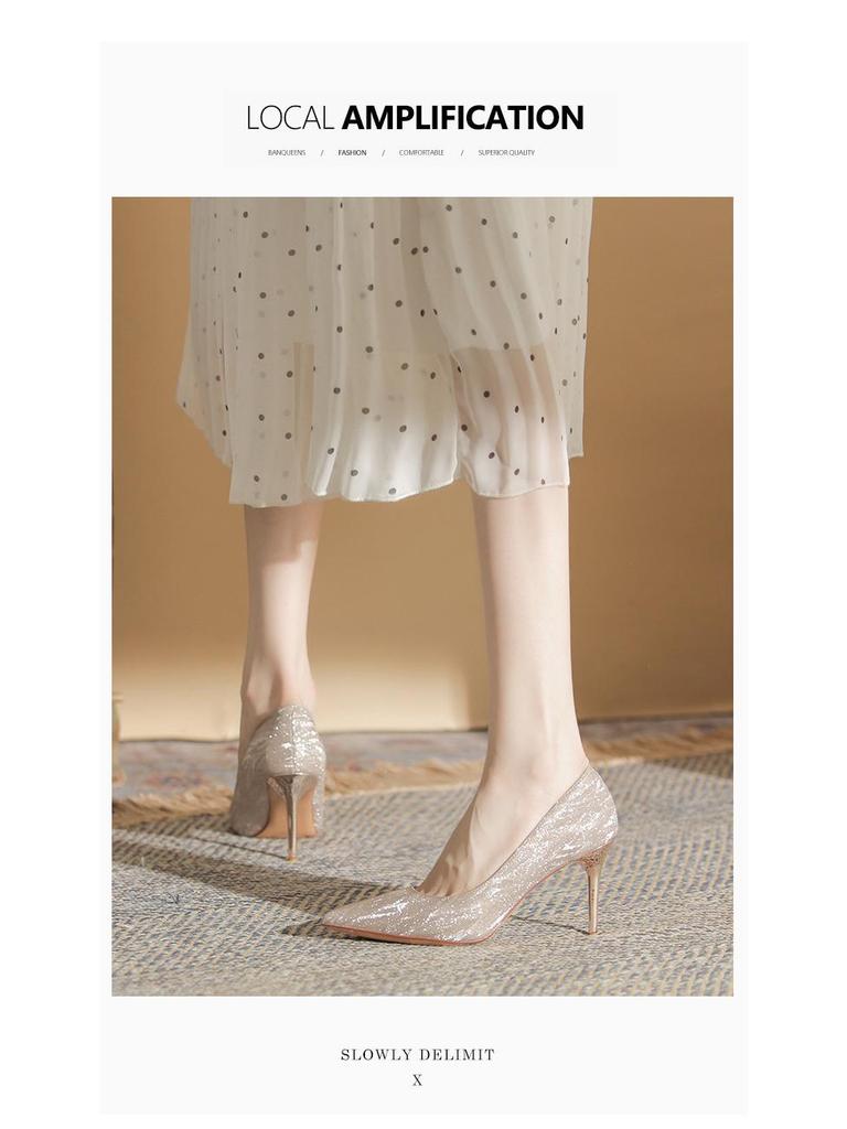 French Sequin High Heels: Xiuhe Wedding Dress Pointed Toe Flats for Women