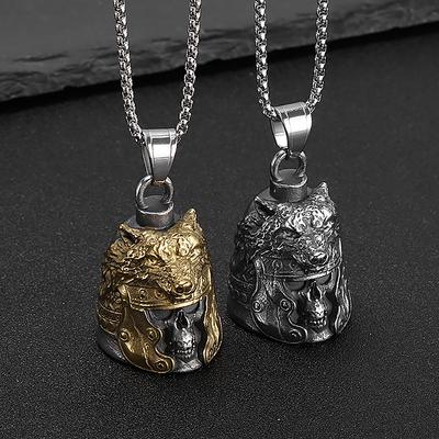 New Vintage Vikings Warrior With Wolf Head Bell Pendant For Men Stainless Steel Nordic Amulet Motorcycle Jewelry Gifts