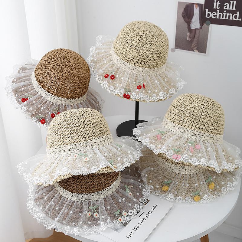 Women's Summer Hat Lace Floral Brim Sunshade Sun Hat Lady Korean Style Bucket Hat Fisherman Cap Seaside Sunscreen Beach Travel