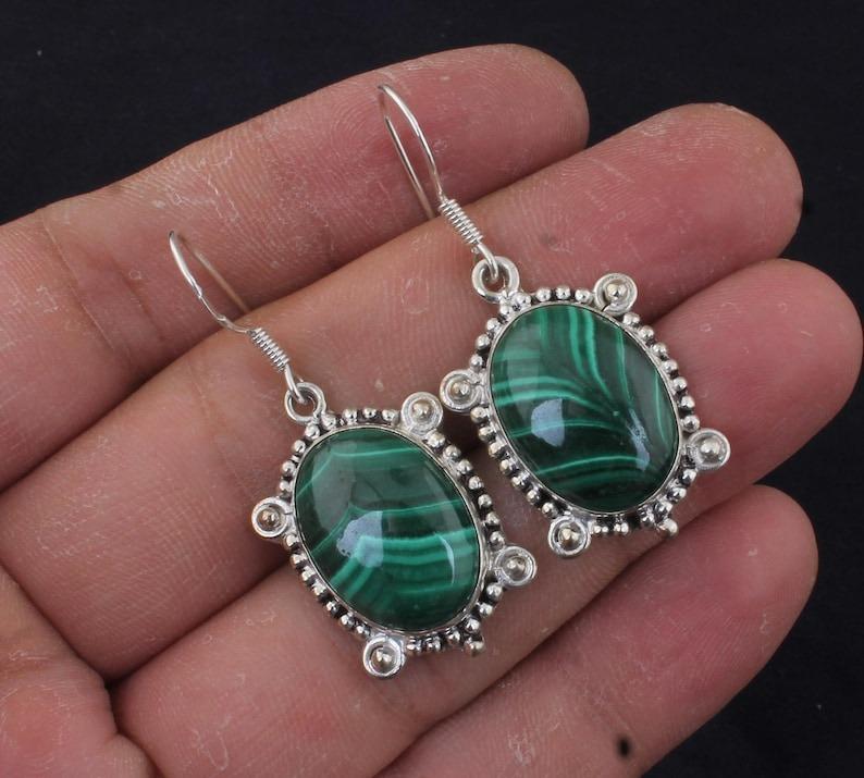 Malachit Edelstein Handgefertigte Boho Designer Ohrringe Statement Ohrringe, Hängeohrring, Geschenk für Sie, 925 Silber Ohrring