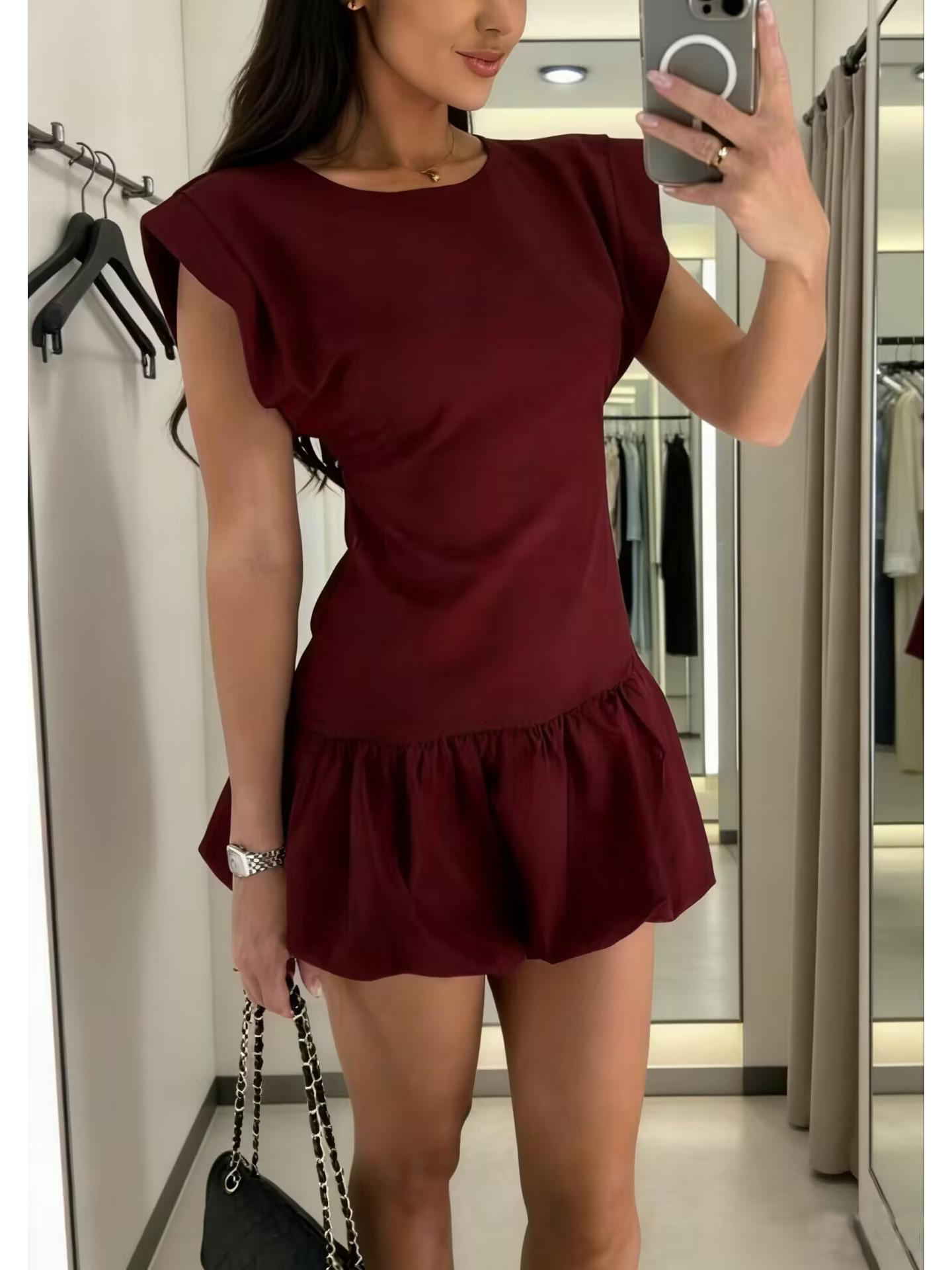 

2026 Spring/Summer Women s Solid Color Ruffle Dress - Fashionable Short Sleeve Style for Europe and America XXL вина червоного кольору