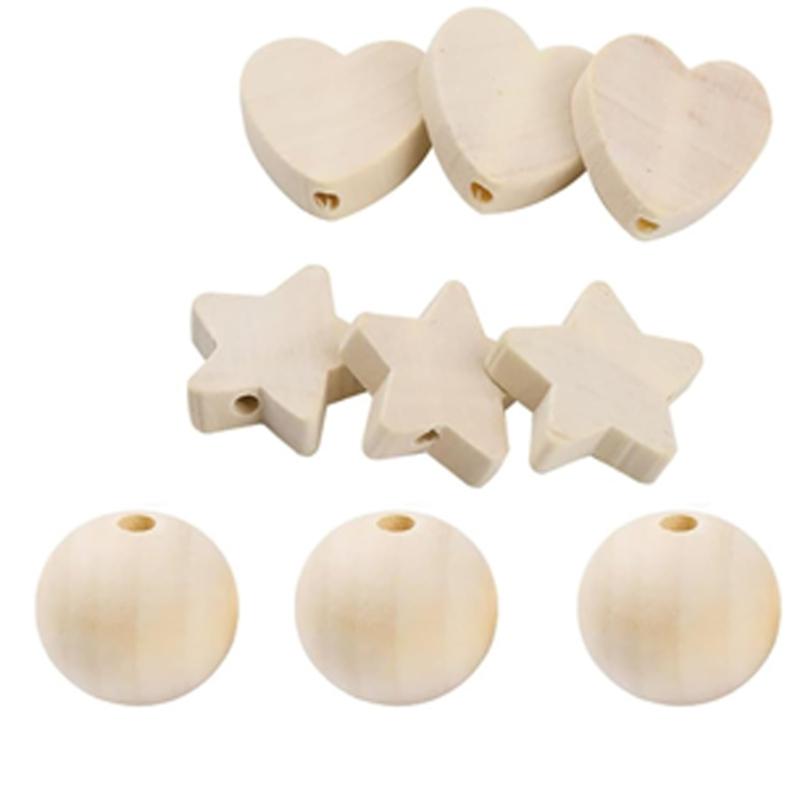 90Pcs Wood Craft Beads with Hole Heart Star Round Wooden Beads for Jewelry Making Home Decorations Handmade Craft