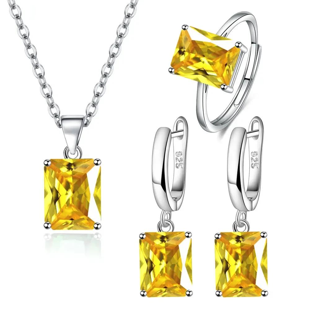 Elegant Jewelry Sets Ring Earrings Necklace For Women Rectangle Geometry Zircon Wedding Accessories