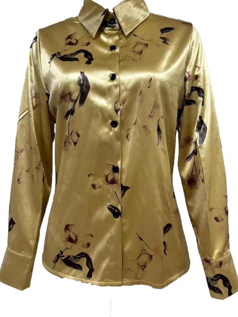 Floral Print Button Down Long Sleeve Shirt, Suitable For Dates, Holidays, Everyday, Birthday Parties, Singles Parties, Travel, Spring/Autumn Vacation