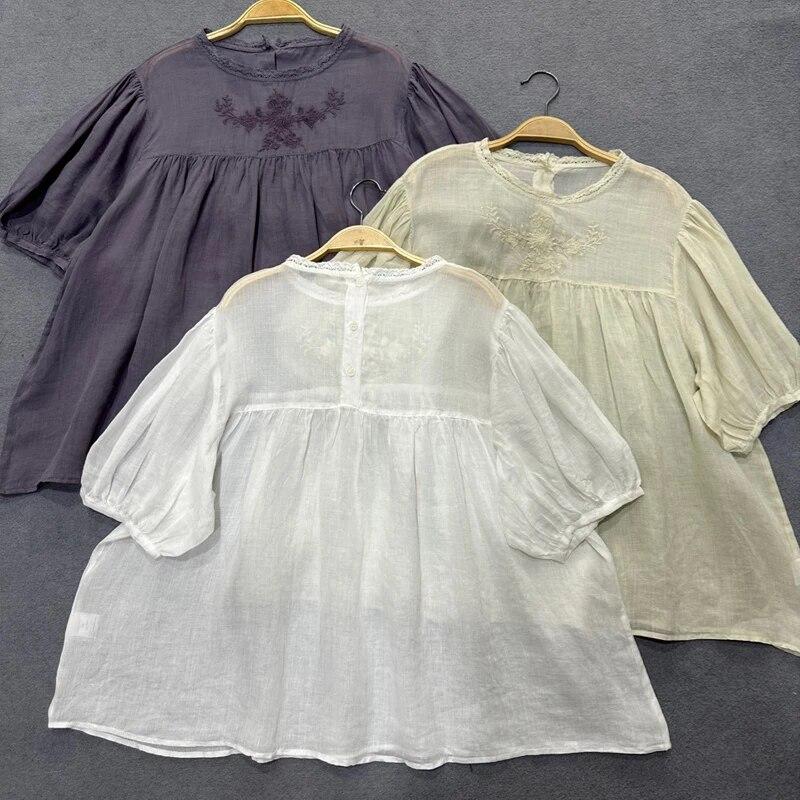 Johnature Japanische literarische bestickte Kurzarmhemd Frauen Sommer lose vielseitige Pullover Shirts