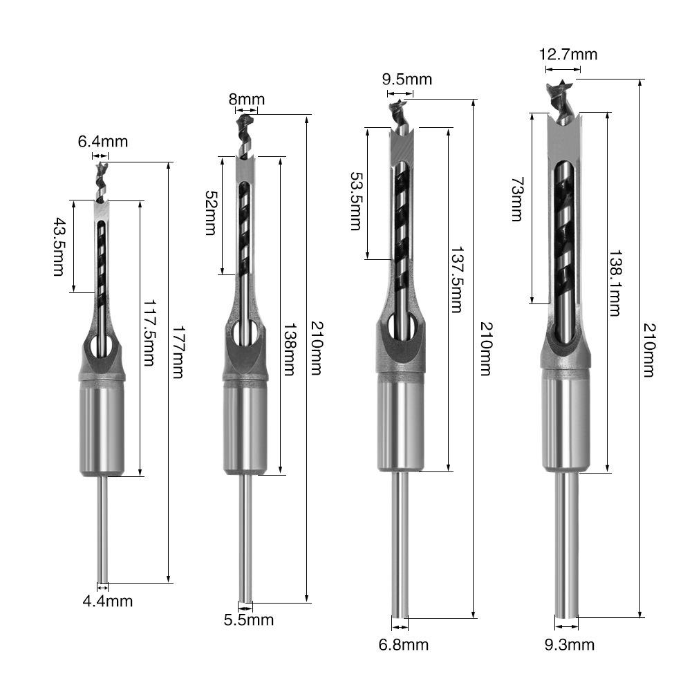 

4-Piece Set Of Square Hole Drill, Square Tenon Drill, Square Eye Drill, Drill Core, Salad Drill, Woodworking Opening. 4-piece set Square hole drill 6.4/8/9.5/12