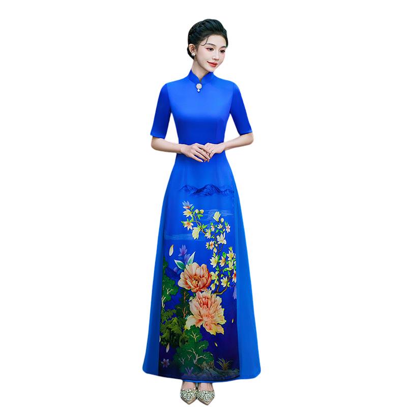 2025 Summer Blue Ao Dai-Inspired High-End Cheongsam Dress for Runway and Evening Wear