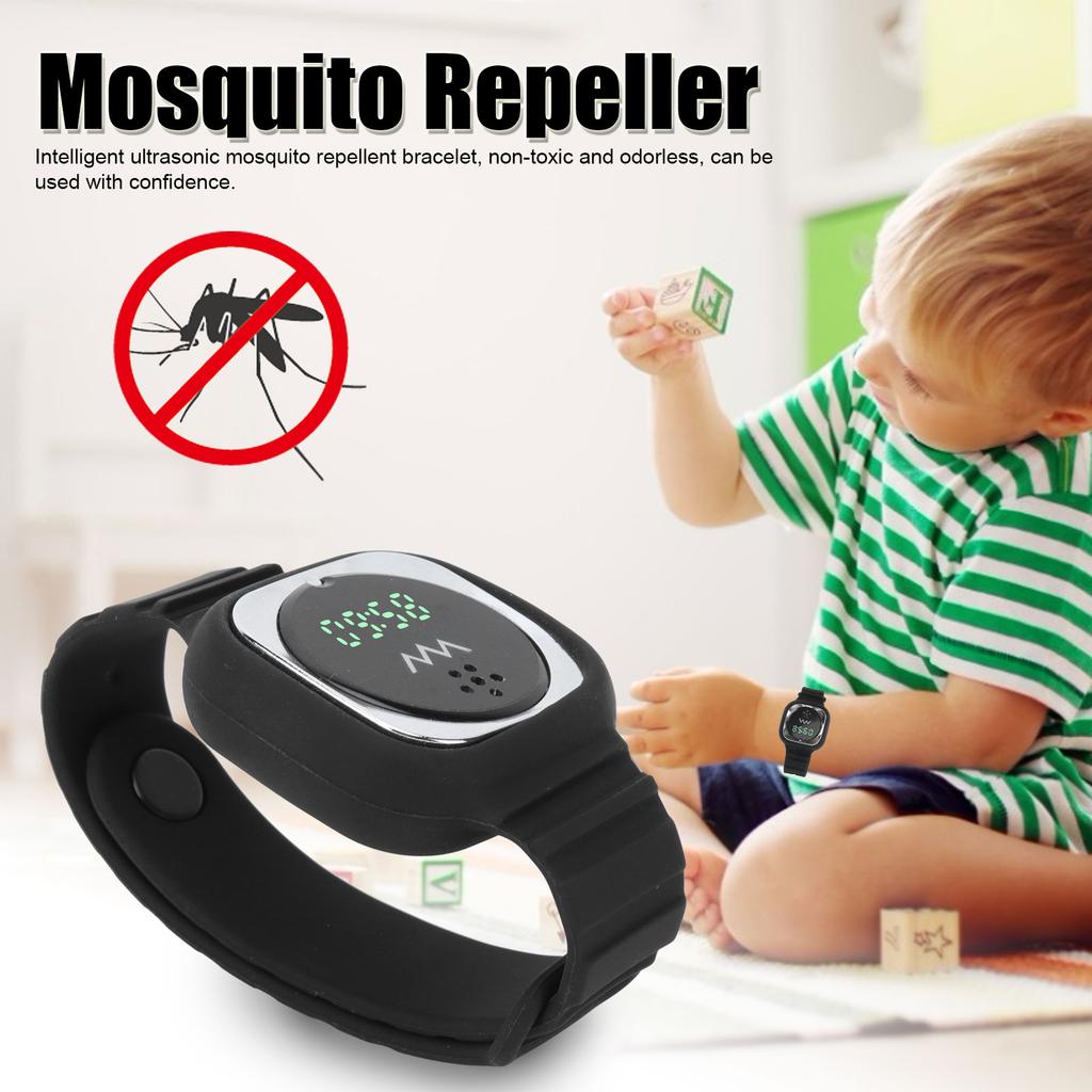 Ultrasonic Mosquito Repellent Bracelet with Time Display Anti Mosquito Wristband for Outdoor(Black )