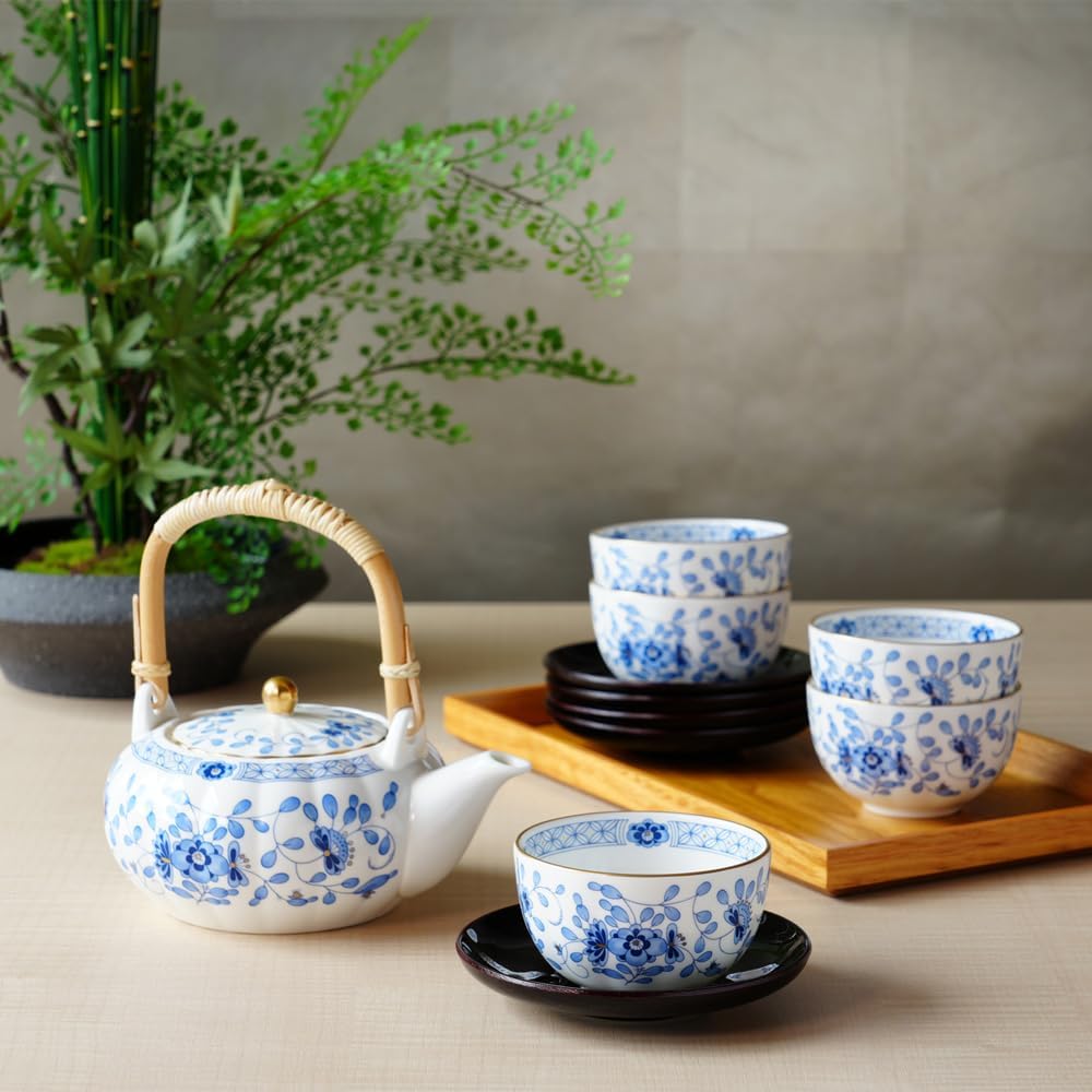 Narumi Milano Blue Teapot and Cup Set 11 Pieces Floral Design Japanese Ceramic Tea Set
