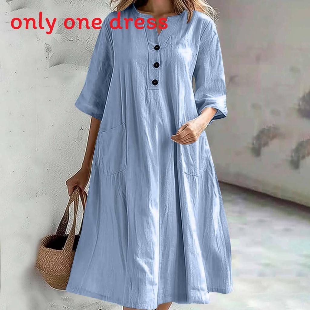 Casual A Line Dress With Pockets For Womens Autumn Style In Cotton Linen Fabric