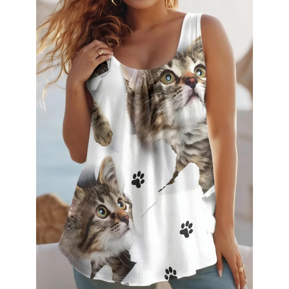 Summer Women's Large Size 3D Printing Flower Tiger Cat Vest Loose Fashionable Comfortable Soft Breathable O Neck Sleeveless Vest