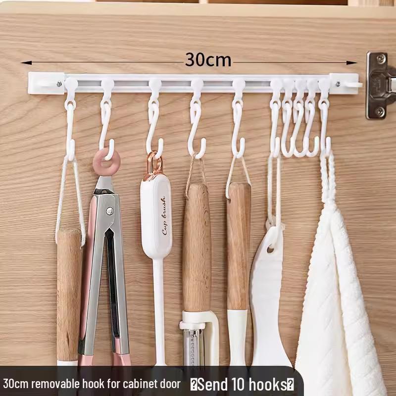 Sliding Hanging Hook Rack for Cabinet Doors, No-Drill Adhesive Rail for Spoons, Spatulas, and Kitchen Tools