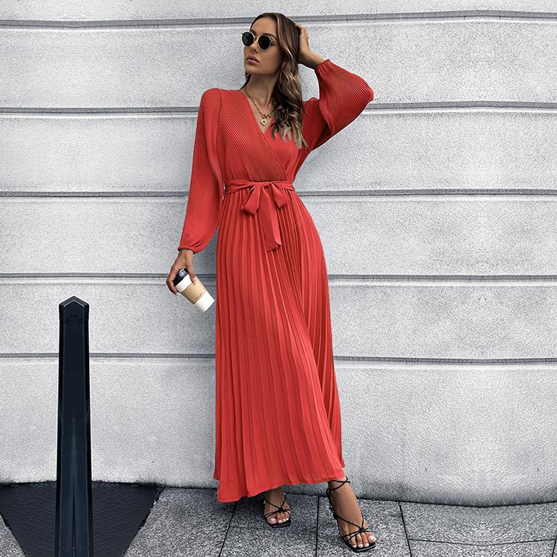 Women V Neck Long Sleeve Pleated A Line Solid Color Lace Up High Waist All Match Dresses S-XXL