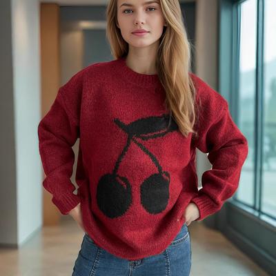 Autumn and Winter New Cherry Jacquard Women's Sweater Round Neck Loose Knitted Sweater Lazy Style Casual Soft Glutinous Hoodie 3548 EMA