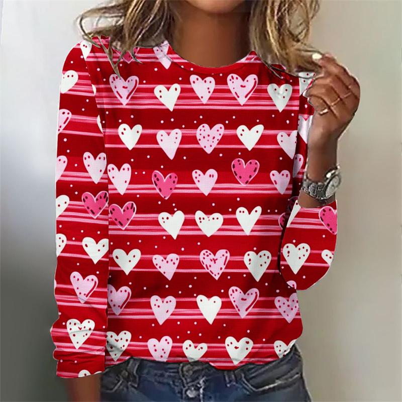 Spring and Autumn Round Neck 3D Love Heart Graphic Printed Top Fashionable Elegant Casual Long Sleeved Women's T-shirts