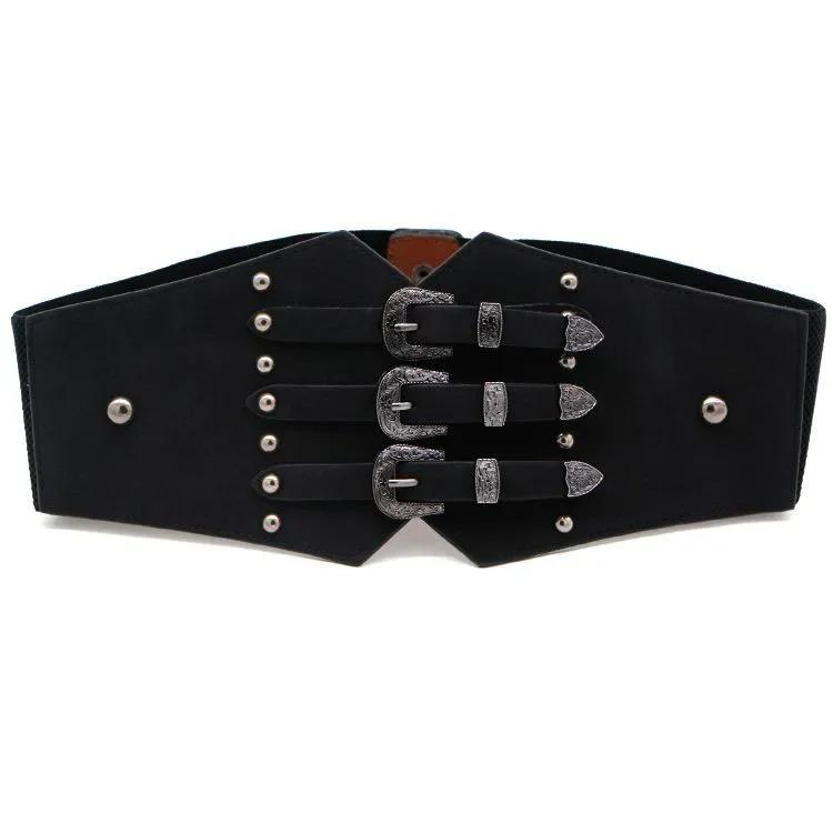 1 Pcs Fashion Women Wide Belt New Metal Buckle Elastic Waistband Leather Rivet Ultra for Stretch Thick Waist Dress