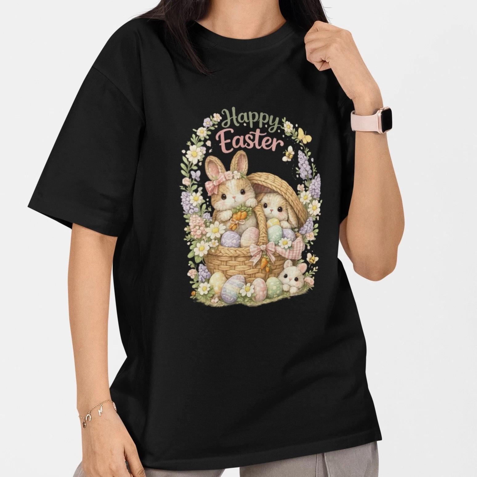 

Happy Easter Bunny Shirt Vintage Floral Cute Spring Graphic Tee S- Cotton S