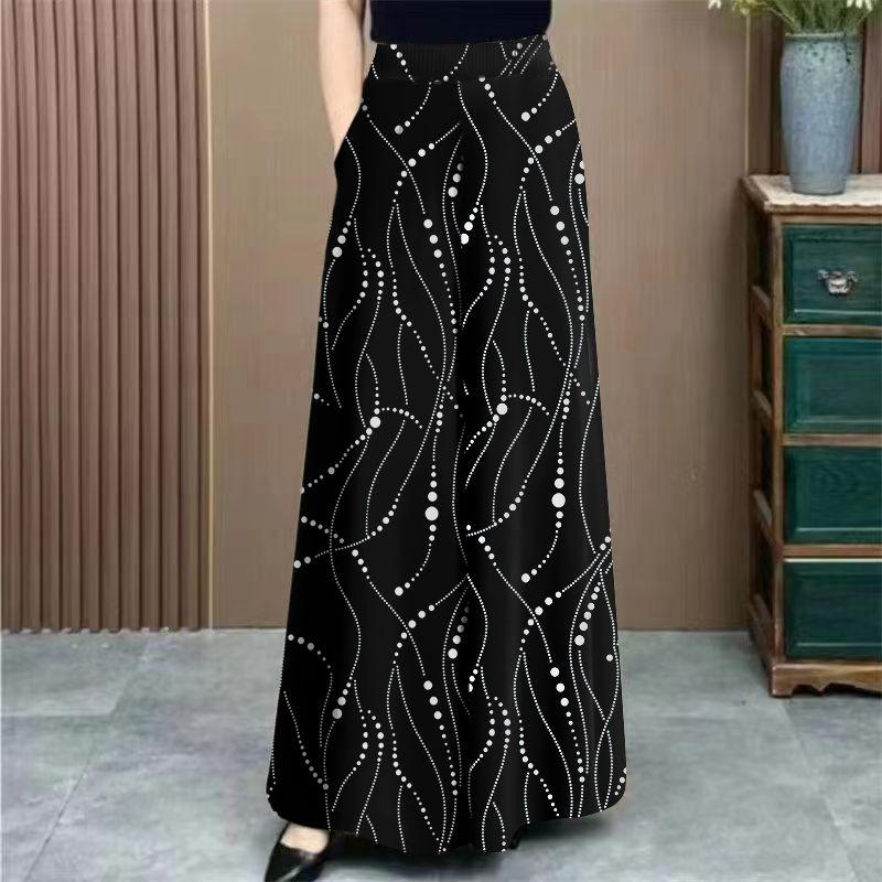 Plus Size Ice Silk Floral Print Wide Leg Pants Summer New High Waist Slimming Casual Elegant Mom Pants Skirt