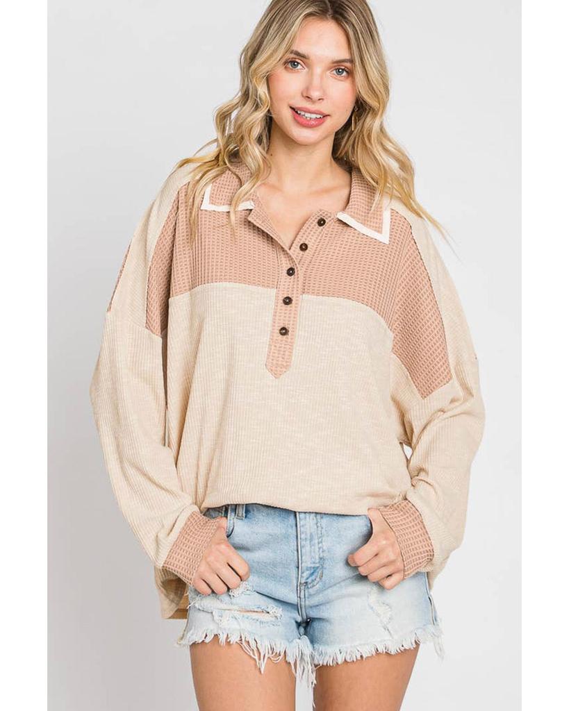 Azura Exchange Apricot Oversized Knit Top With Waffle Contrast