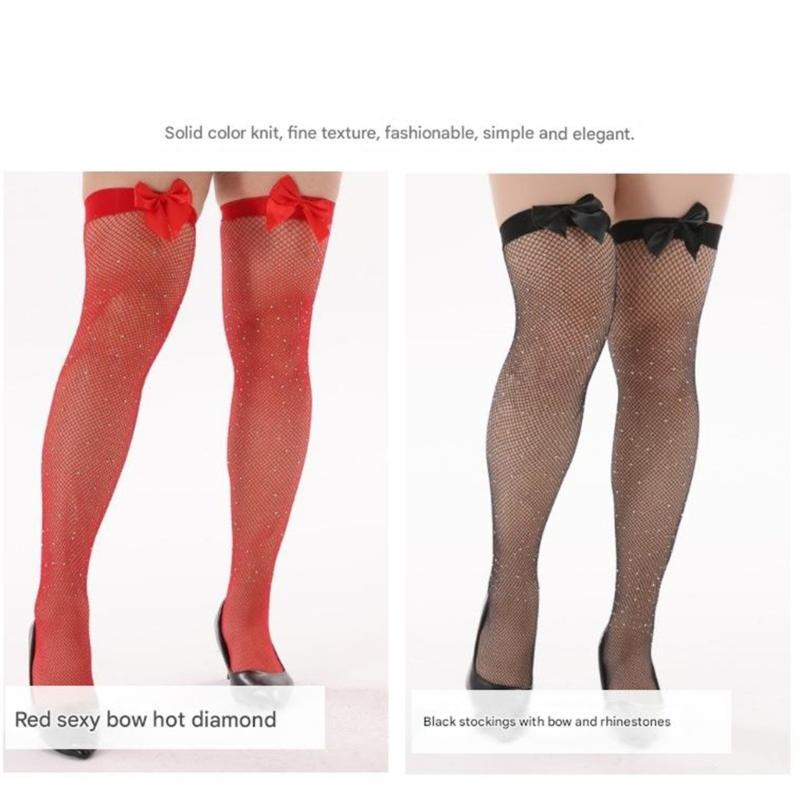 Fishnet Stockings Over Knee Highs Socks for Cosplay Daily Wear Satins Bows Thigh High Stockings for Womens