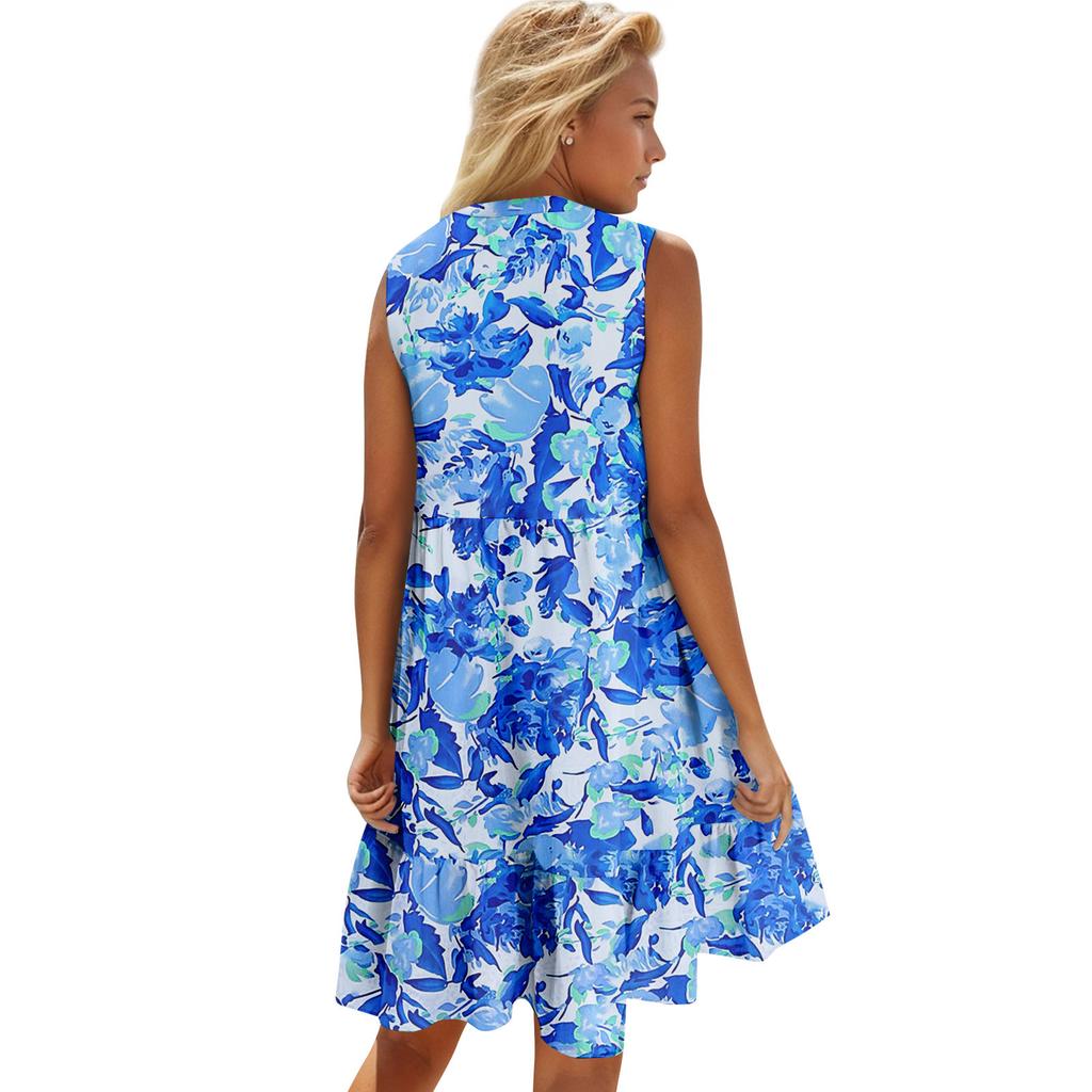 Abito Estivo da Donna Senza Maniche Scollo a V Stampa Abiti Corti Moda Casual Fluido Boho Volant A Linea Svasato Prendisole