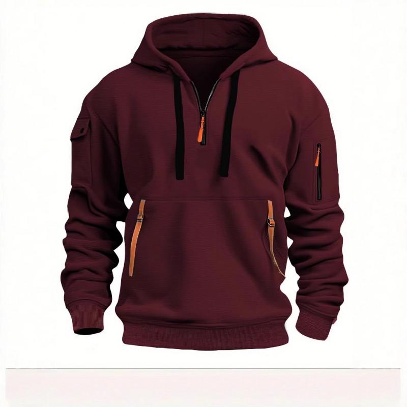 Mens Fleece Hooded Sweatshirt With Zipper Detail Solid Color Casual Long Sleeve Pullover Winter Outerwear
