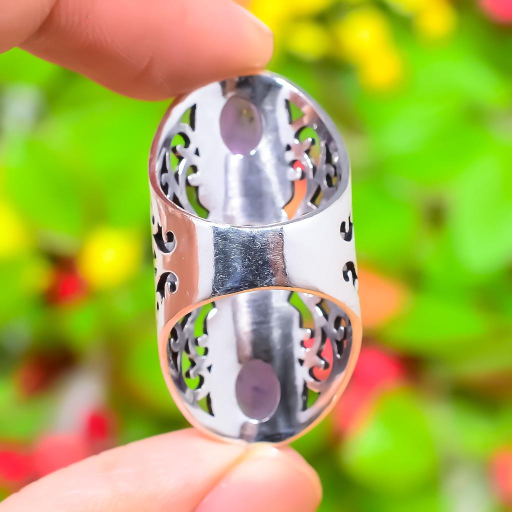 Natural Sage Amethyst Gemstone Handmade 925 Sterling Silver Ring Size 10 L3Q16