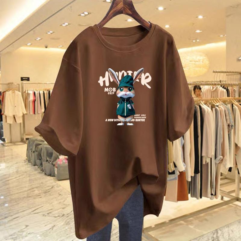 

Summer new cotton fashion rabbit print loose short-sleeved t-shirt women s top bottoming shirt XXXL