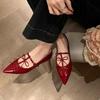 Yuanlitong pointed single shoes women's 2025 bow shallow mouth flat Mary Jane shoes retro red temperament banquet shoes