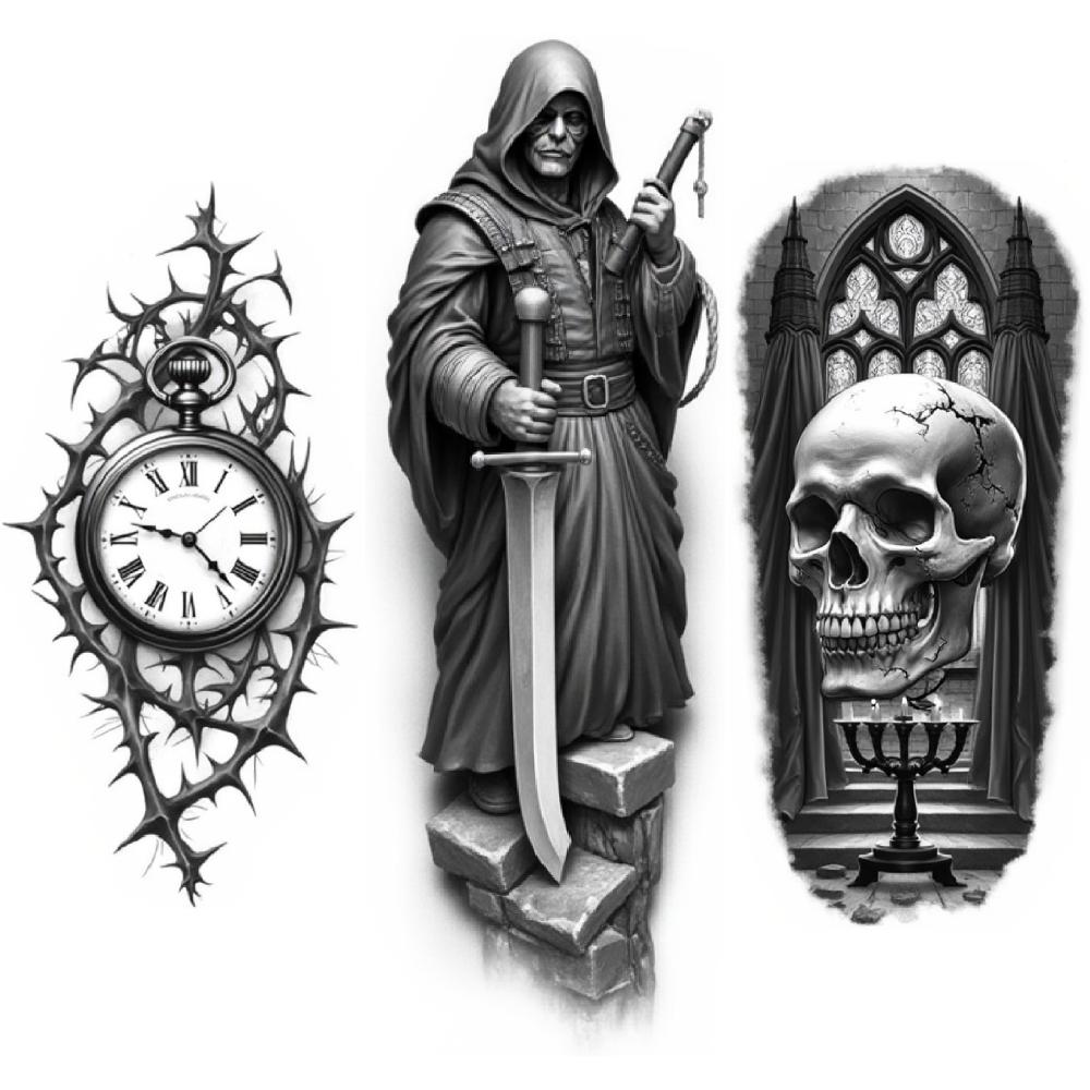 3 Stück Temporäre Tattoos Realistische Temporäre Tattoos Wolfskopf Totenkopf Stab Totenkopf Mit Krone Für Frauen Erwachsene Oberschenkel