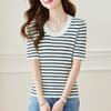 U-neck Retro Striped Sweater Pullover Women's Summer New Style Commuting Simple Half-sleeved T-shirt