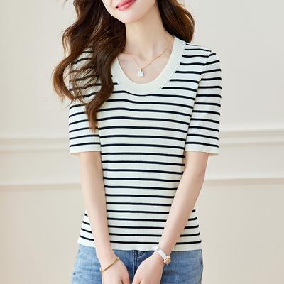 U-neck Retro Striped Sweater Pullover Women's Summer New Style Commuting Simple Half-sleeved T-shirt