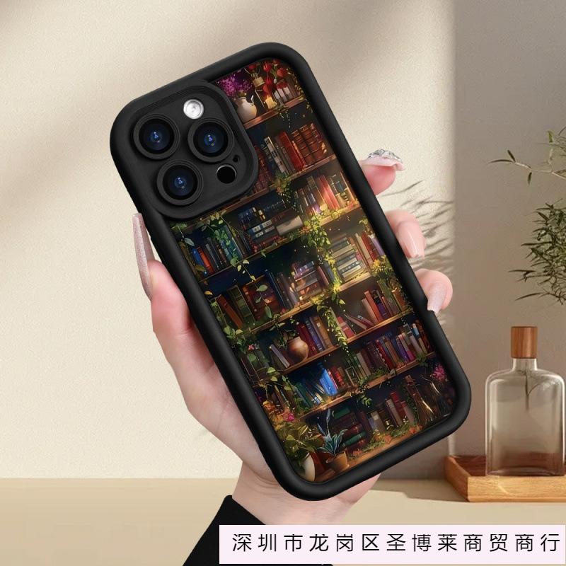 Literary and Retro Bookshelf Flowers and Plants Are Suitable for iPhone11/12/13 Apple 16promax Silicone 16 Soft 11Pro