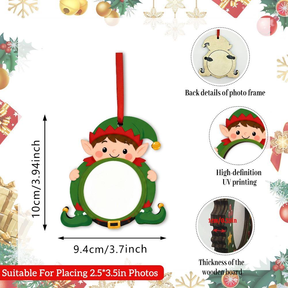 Flat Design Christmas Photo Frame Hanging Rope Bulk Set Wooden Picture Ornament 2D Style Wood Material Xmas Tree Decoration