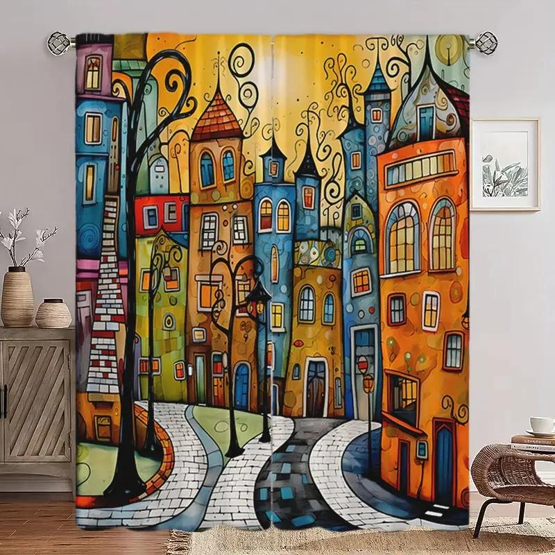 2 Pcs Cartoon Comic City Print Curtains,Suitable For Bedroom,Living Room Kitchen Decoration,Home Decoration,Window Decoration