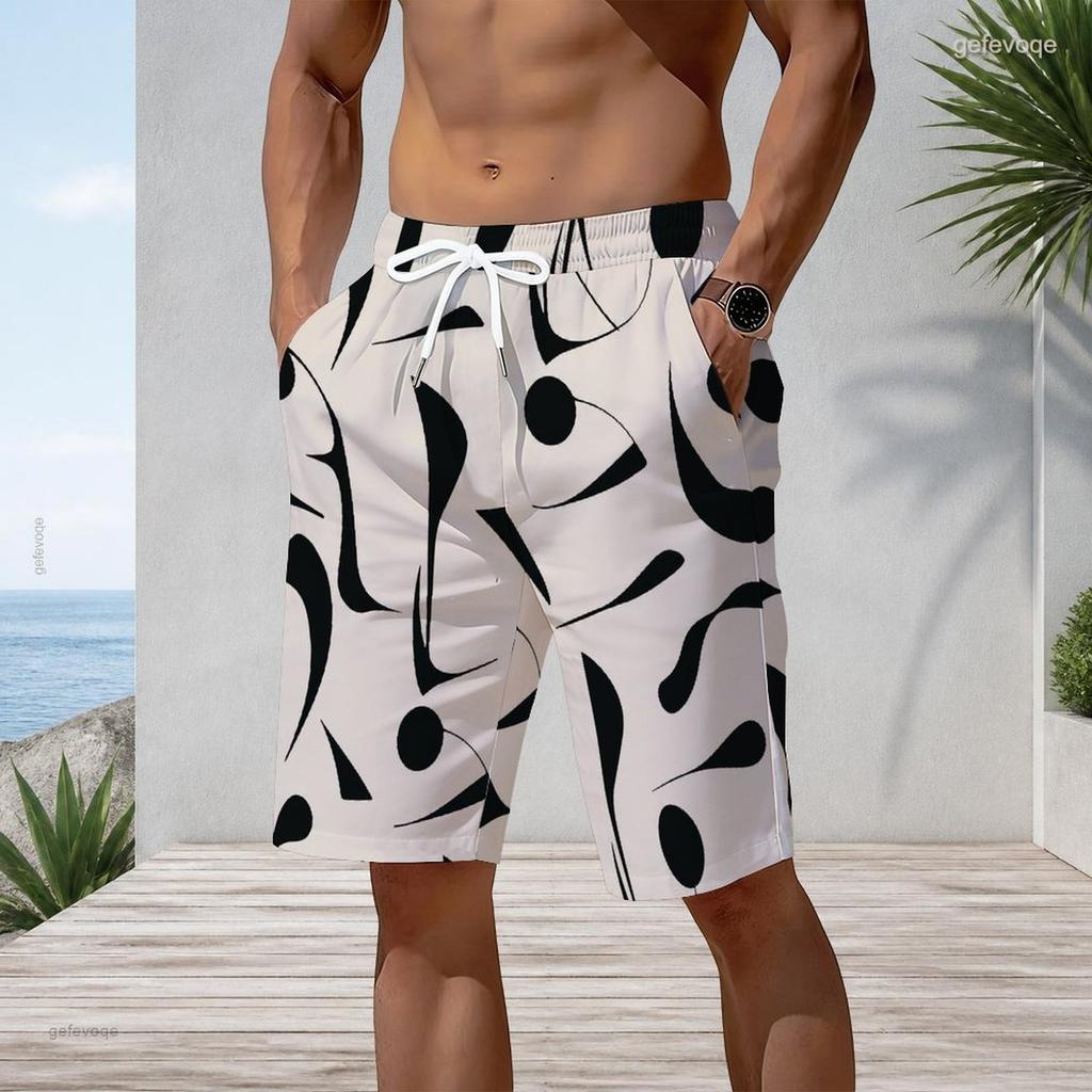Men s Plus Size Abstract Printed Beach Shorts Drawstring Waist Side Pockets Straight Leg