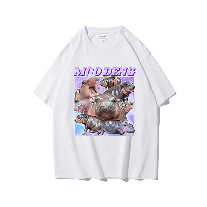 Fun Printed Moo Deng Bouncing Pig Casual T Shirts Trend Loose Cotton Short Sleeved Round Neck Top