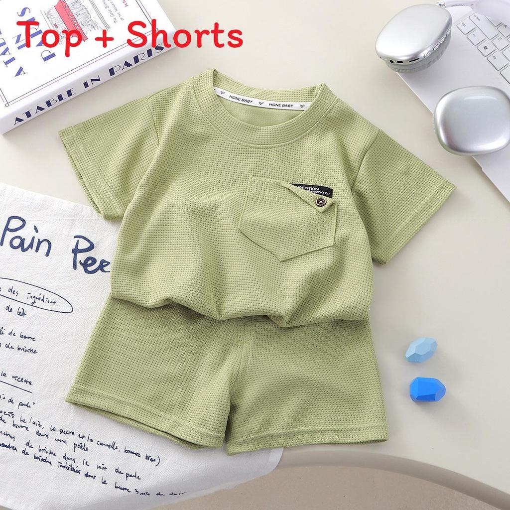 Kids Summer Waffle Short Sleeve Set With Soft Polyester For Toddler Active Play